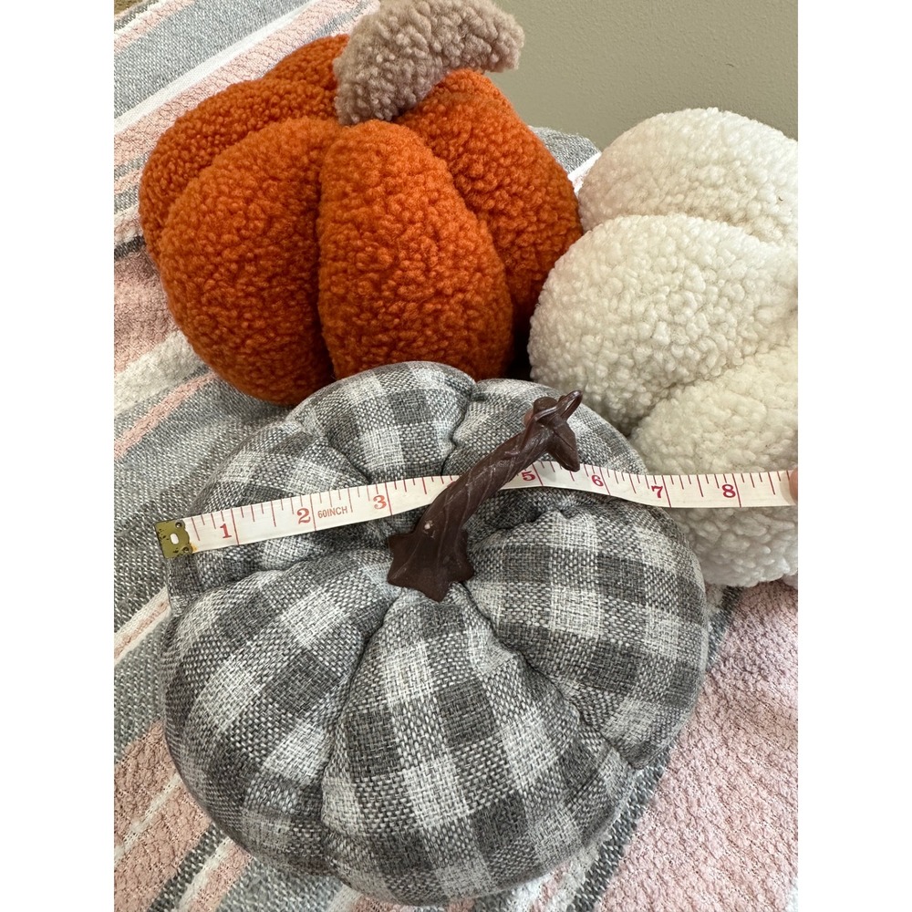 Set of 3 Decorative Pumpkins Sherpa and Plaid Fall Autumn Decor Orange Gray - Picture 5 of 8
